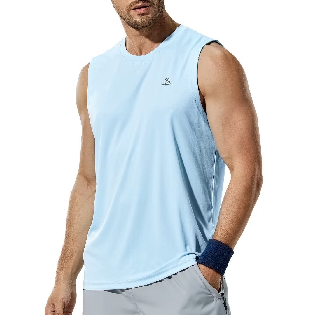 Men Workout Tank Top Dry Fit UPF 50+ Sleeveless Tee Shirts - Light Blue / S